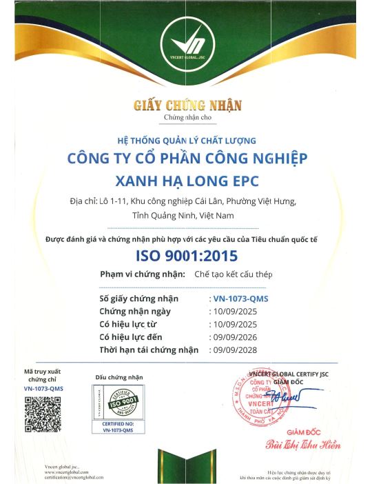 HẠ LONG EPC ĐẠT CHỨNG NHẬN ISO 9001:2015 DO TỔ CHỨC VNCERT GLOBAL CẤP NGÀY 10/09/2025