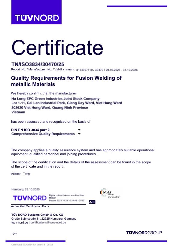 HẠ LONG EPC ĐẠT CHỨNG NHẬN ISO 3834-2 DO TỔ CHỨC TÜV NORD (ĐỨC) CẤP